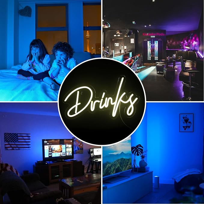 Looklight Drinks Neon Sign,Letters Bar Neon Light,Led Neon Signs for Wall Decor,Warm White Neon Light Sign,USB Light Up Sign for Kitchen Restaurant Bar Cart Accessories Christmas