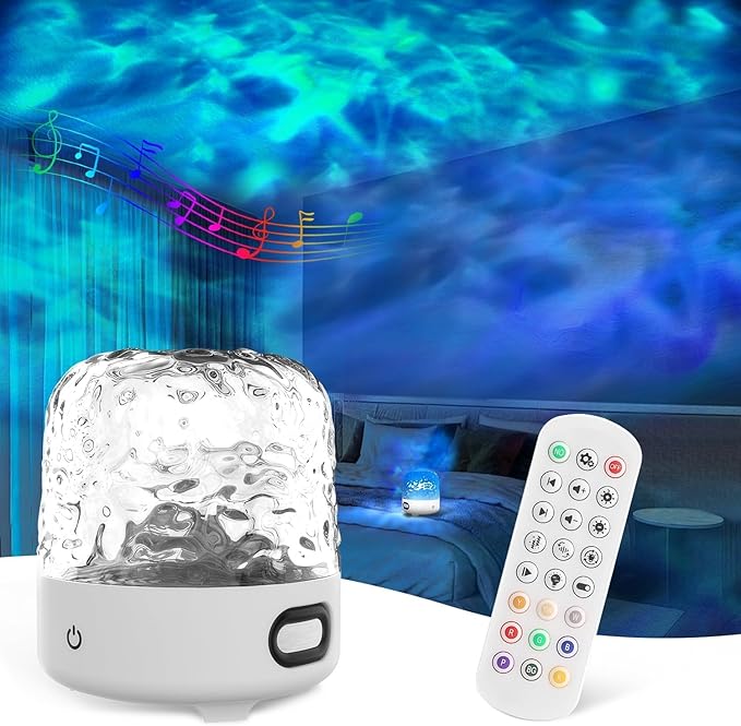 Ocean Wave Cordless Projector Light with 16 Color Effects, Night Lights LED Aurora Projector,Built-in Bluetooth Speaker,Remote Control,Bedroom, Party, Gift