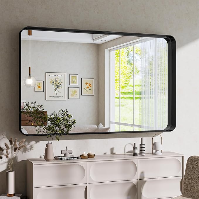 Bathroom Mirror Vanity for Over Sink Wall Mirror - 30x48 Inch Rounded Corner Rectangle Aluminum Frame Mirror,Hangs Horizontally or Vertically for Living Room Bedroom or Entryway Black