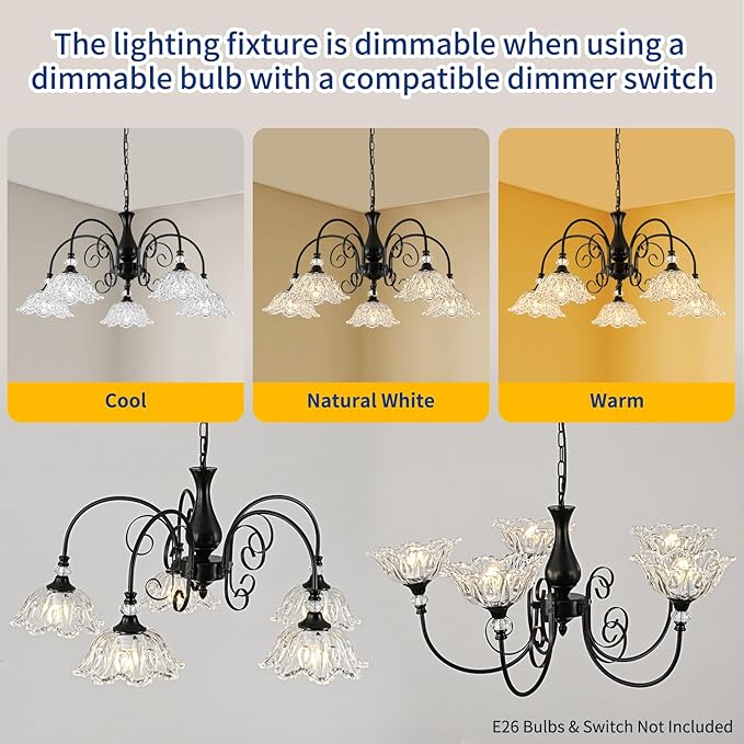 5-Light Chandeliers in Matte Black Finish with Crystal Glass Shades, Farmhouse Chandelier Light for Dining Room,Hallway,Kitchen