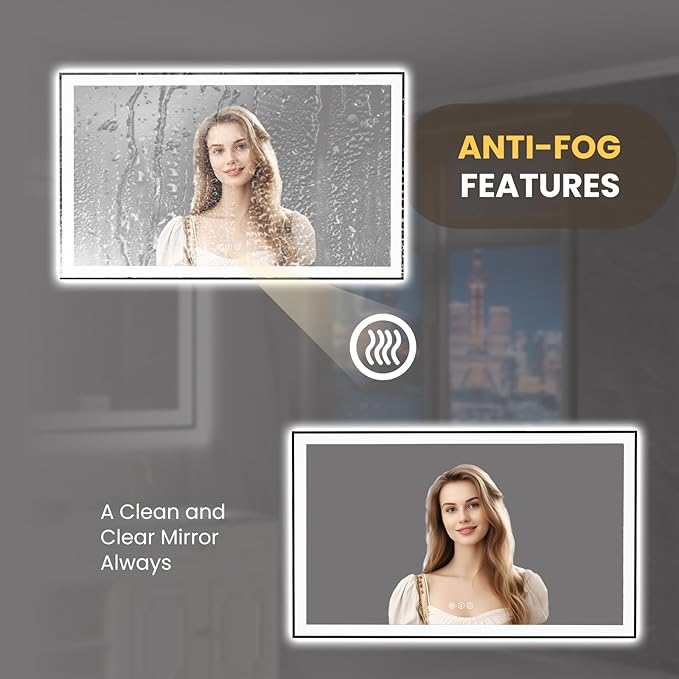 LOAAO 60"X36" LED Bathroom Mirror Black Framed, Anti-Fog, Dimmable, Lighted Bathroom Vanity Mirror for Wall, Memory Function, Tempered Glass