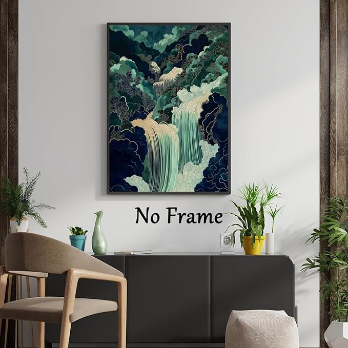 Mountain River Wall Art Japanese Waterfall Painting Abstract Forest Art Poster Blue And Green Abstract Canvas Japanese Style Print Blue And Green Landscape Wall Art Waterfall Artwork 16x24in No Frame