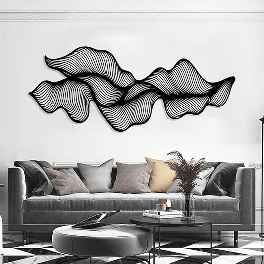 Modern Abstract Metal Wall Decor, Flowing Lines Metal Wall Art, Modern Luxury Wall Hanging, Modern Abstract Wall Art, Large Minimalist Sculpture for Home Office Decor (Black, 22"x53"|56x135cm)
