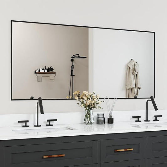 Matte Black Framed Bathroom Mirror, 60x28 Inch Rectangular Vanity Mirror, Large Rectangle Wall Mirror, Anti-Rust, Tempered Glass, Shatter-Proof, Easy to Install Vertically or Horizontally