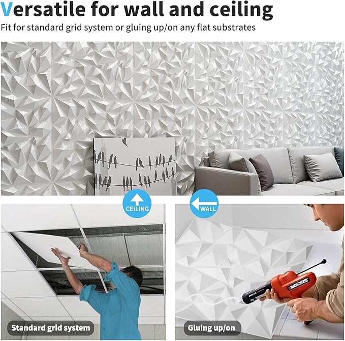 Art3d 19.7" x 19.7" (Pack Of 12) Wall Panel Diamond, White