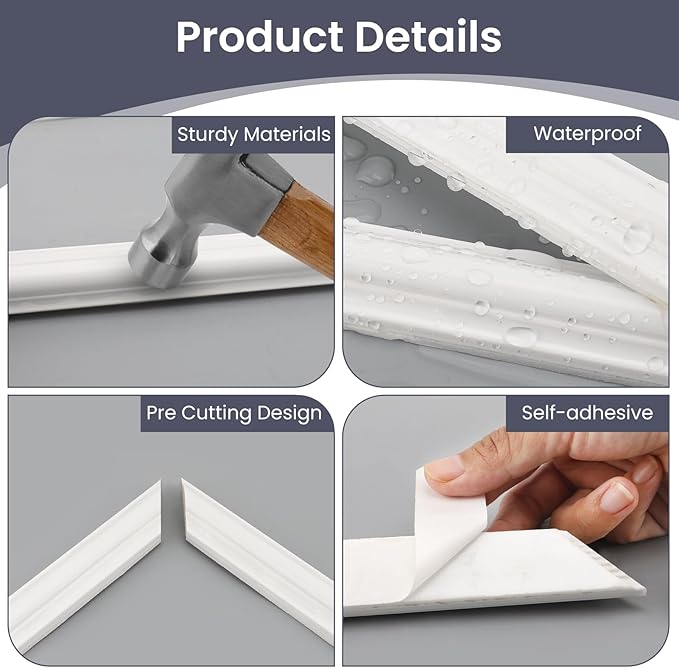 1 Set Peel and Stick Door Moulding Kit 3-Layer Premade Door Panels Molding Trim Self Adhesive 3D Trim for Mirror Window Frame Decor(Top 9"x34.6"*2, Bottom 9" X 25.4"*2)