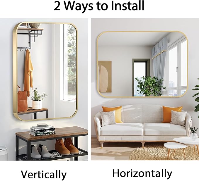 20x28 Inch Gold Bathroom Mirror, Brushed Brass Gold Metal Framed Rectangular Mirror with Rounded Corner, Bathroom Vanity Mirror for Bedroom or Living Room, Horizontal/Vertical