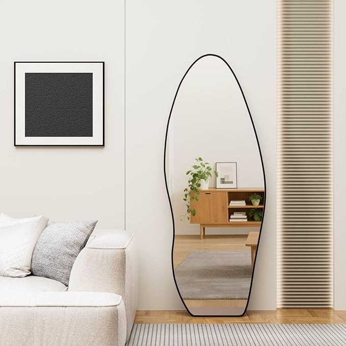 63" X 24" Full Length Mirror Full Body Wavy Mirror Aluminum Alloy Frame Large Wall-Mounted Dressing Hanging or Leaning Against Irregular Wall Mirrors for Living Room Bedroom (Black, 63"x 24")