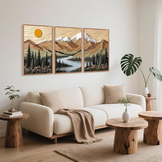CHDITB Mountain Landscape Framed Canvas Wall Art Set, Forest Nature Wall Decor, Lake Pine Trees Artwork Country Woodcut Painting, Vintage Wilderness Art Prints For Living Room Bedroom Office 24"x36"x3