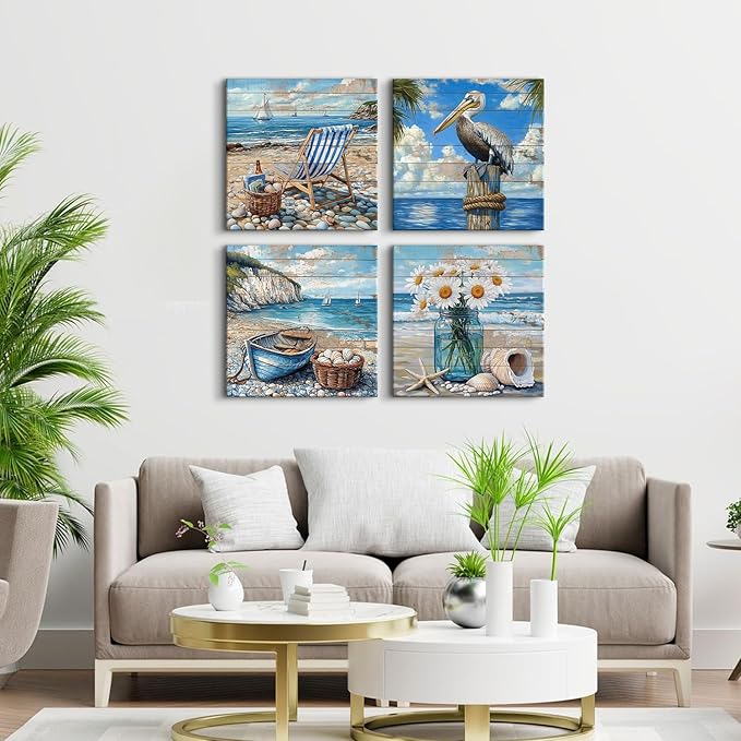 Nautical Beach Bathroom Wall Decor Retro Seascape Picture Canvas Prints Bedroom Coastal Pelican Poster for Living Room Teal Beach Flower Boat Wooden Grain Art Framed Artwork Home Decorations 20x20 4P