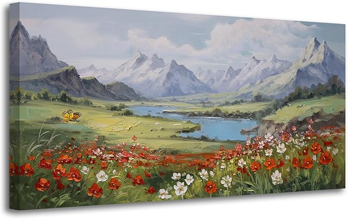 Arjun Landscape Wall Art Canvas for Living Room, Extra Large Mountain Nature Painting Bedroom Textured Floral Scenery Picture Framed Artwork for Office Home Dining Room Wall Decor 58"x29"