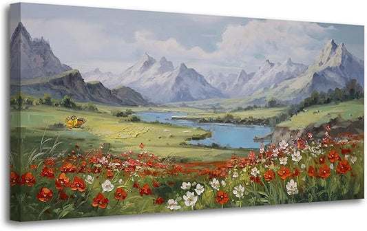 Arjun Landscape Wall Art Canvas for Living Room, Extra Large Mountain Nature Painting Bedroom Textured Floral Scenery Picture Framed Artwork for Office Home Dining Room Wall Decor 58"x29"
