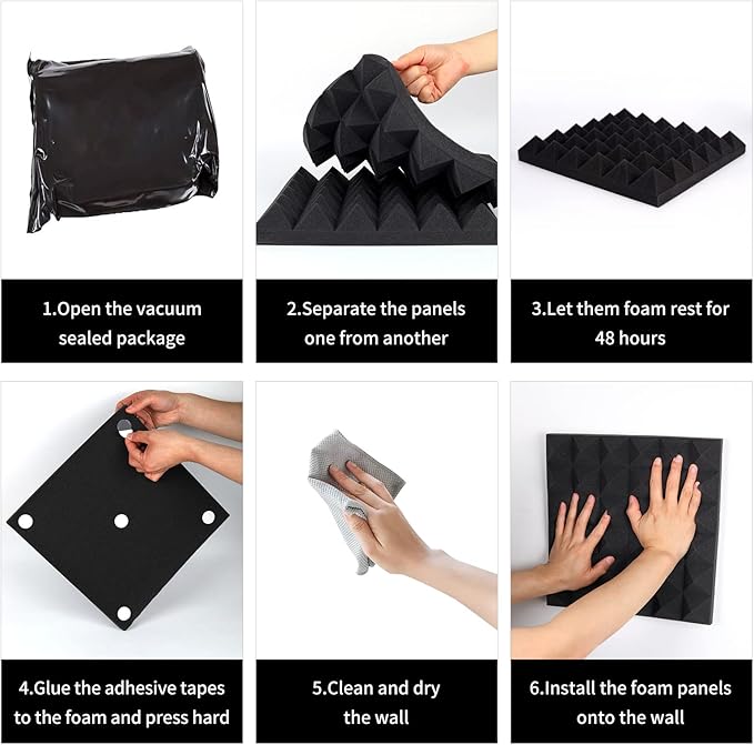 Musfunny Sound Proof Foam Panels, 12 Pcs 2" x 12" x 12" Acoustic Foam Panels Sound Absorbing Wall Panels for Studio Recording Office Home Studio (Black)