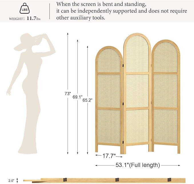 3-Panel Hand-Woven Rattan Room Divider, Tall Foldable Privacy Screen with Wooden Frame - Freestanding Portable Partition for Home Office, Bedroom, Bathroom(Natural-Wave)