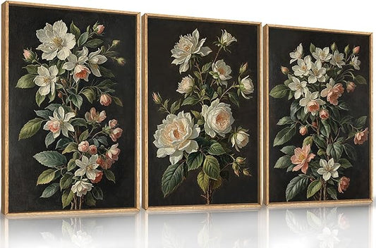 Moody Botanical Floral Framed Canvas Print Wall Art Set,Vintage Retro Dark Black Flowers Wall Decor,Nature Modern Elegant Wildflower Artwork for Living Room,Bedroom-16 x24 x3