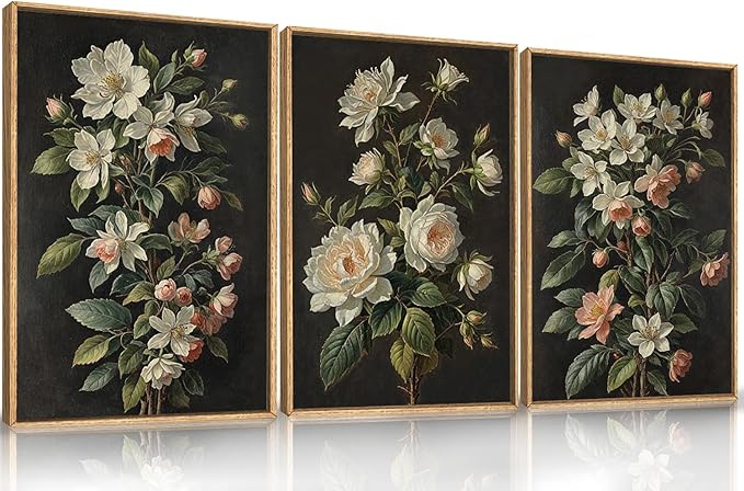 Moody Botanical Floral Framed Canvas Print Wall Art Set,Vintage Retro Dark Black Flowers Wall Decor,Nature Modern Elegant Wildflower Artwork for Living Room,Bedroom-24 x36 x3