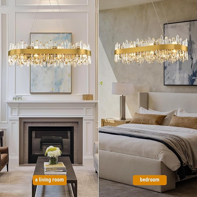 Modern Crystal Chandelier, 16-Lights 2 Tiers Dining Room Chandelier Over Table, 36'' K9 Crystal Gold Rectangular Chandeliers for Kitchen Island Adjustable Long Chandeliers for Living Room