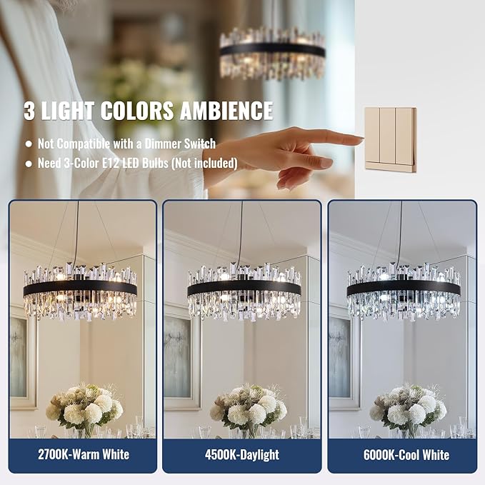 Modern Crystal Chandelier for Dining Room, 12-Light Black Round Chandelier, 23.6-inch K9 Crystal Raindrop Ceiling Light, Luxury Flush Mount Light Fixture for Kitchen Living Room Entryway