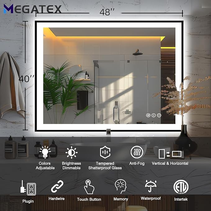 48x40 LED Bathroom Mirror for Wall, Black (Metal, Aluminum) Framed, Front Light and Backlit, 3 Colors and Dimmable Vanity Mirror, Anti-Fog, Shatter-Proof, Memory (Horizontal/Vertical)