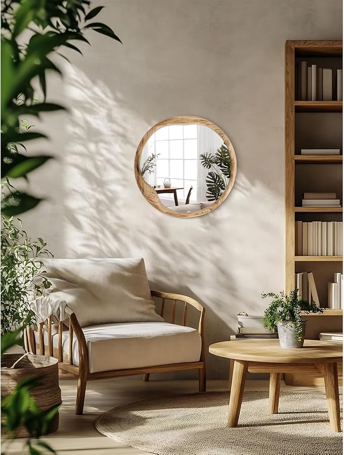 AOAOPQ Beige Wood Framed Mirror for Wall 20x20 Inch Rounded Mirror Bathroom Vanity Mirror Farmhouse HD Glass Hangs Mirrors