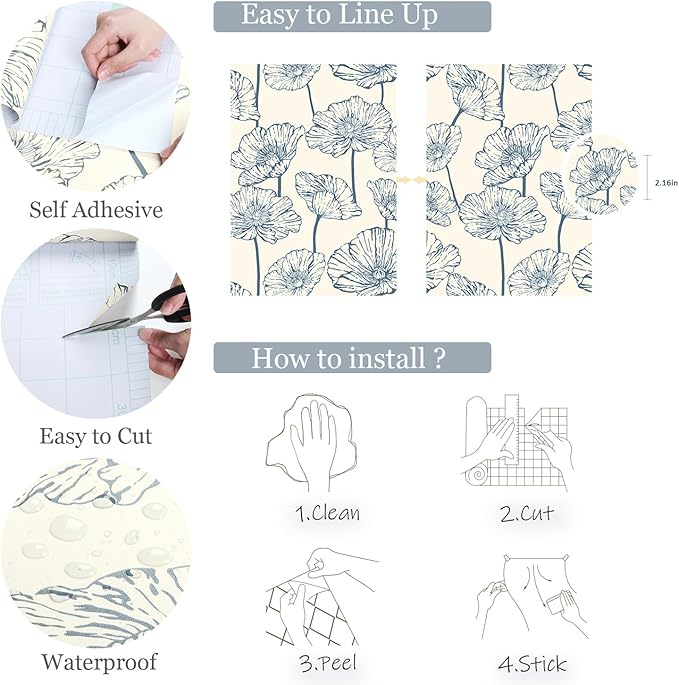 Orainege Peel and Stick Wallpaper Floral Contact Paper Blue and Beige Wallpaper 17.3inx393.7in Self Adhesive Wall Paper Boho Removable