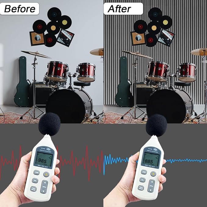 NeatiEase Wood Wall Panels, 9 Feet Acoustic Slat Wall Panels for Interior Wall Decor and Noise Reduction, Decorative Slat Wall Paneling, Dark Gray Oak, 6-Piece