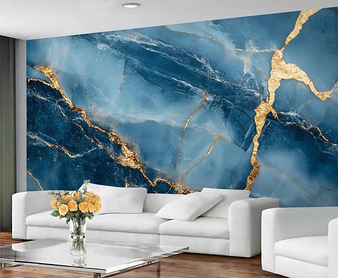 Blue Gold Marble Mural Wallpaper, Modern Fashion Marble Murals, Abstract 3D Texture Murals, Large Wallpaper for Living Room Bedroom Kids Room Home Decor Mural (Not Peel Stick)