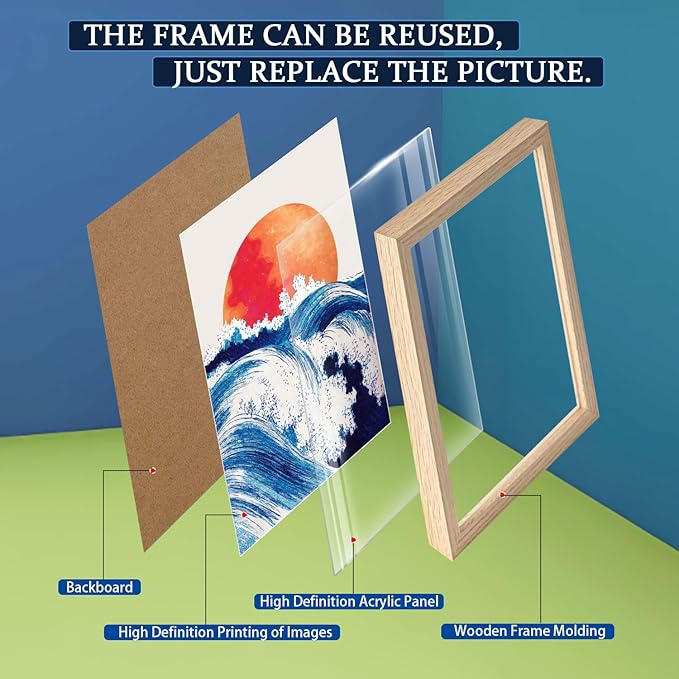 2Pcs Framed Canvas Wall Art Japanese Wave and Red Sun Poster Prints Hokusai Inspired Ocean Picture Traditional Ukiyo-e Gallery Decor Living Room Bedroom Office Apartment 16X24 Inch Ready to Hang