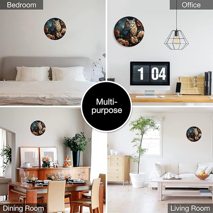 Owl-Themed Round Wall Clock, Rose Retro Art Style for Those Who Stay Up Late, Watercolor Cartoon Owl Handsome, Wooden Silent Wall Clock for The Bedroom 12x12INCH