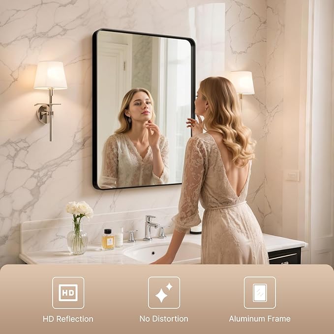 Kosmonia 32x24 Bathroom Vanity Mirror for Wall, Aluminum Framed, Farmhouse Rectangle, Anti-Rust, HD Reflection Anti-Desilvering, Distortion Free, Tempered and Shatter-Proof Wall Mounted Mirror, Black