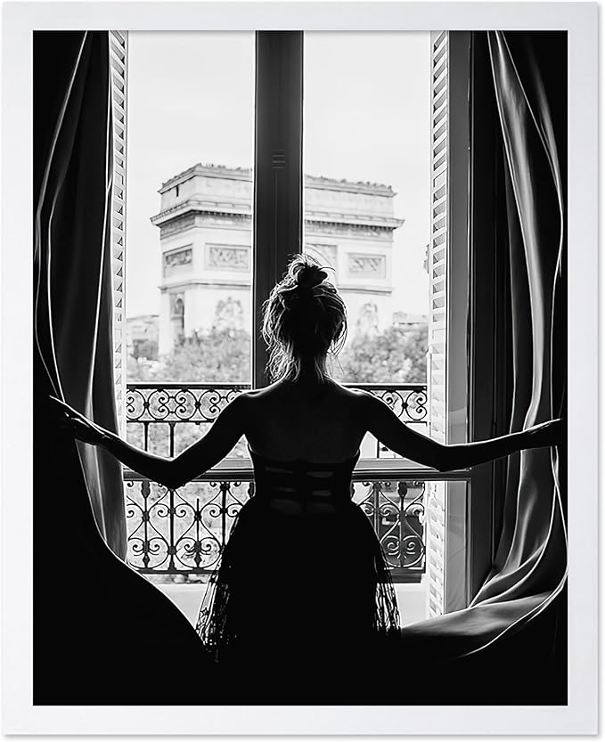 Poster Master Vintage Photograph Poster - Retro Minimalist Print - Girl In The Open Window, Black & White, Simple - Gift for Artist, Friend - Wall Decor for Living Room, Dorm, 16x20 White Framed