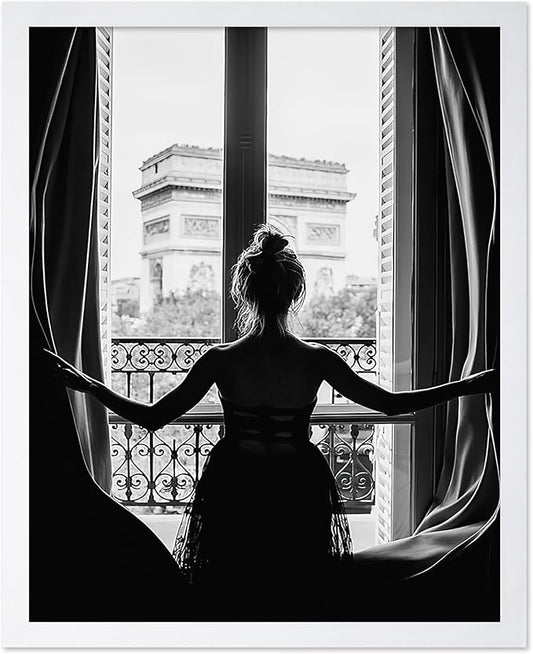 Poster Master Vintage Photograph Poster - Retro Minimalist Print - Girl In The Open Window, Black & White, Simple - Gift for Artist, Friend - Wall Decor for Living Room, Dorm, 16x20 White Framed