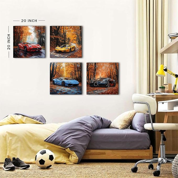 Car Poster Fall Forest Wall Art Framed Car Wall Decor for Teen Boys Man Bedroom Décor Sports Posters Ferrari Lamborghini McLaren Bugatti Canvas Pictures for Office Living Room Decorations Toddler Gift