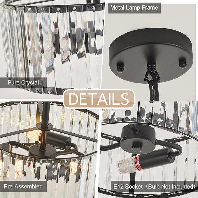 Modern Crystal Black Chandelier,11.7 inch semi Flush Mount Ceiling Dining Light Fixture with 3*E12 Base,Round Pendant Lighting for Dining Room Bedroom Hallway Bathroom Foyer Kitchen