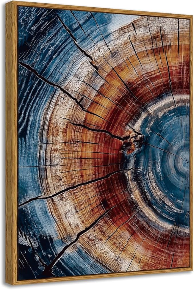 BingruiArt Framed Tree Ring Wall Art Wood Canvas Colorful Boho Wall Decor Rustic Artwork Abstract Painting Farmhouse Picture Nature Print for Living Room Bedroom Bathroom 12"x16" Natural Framed(01)