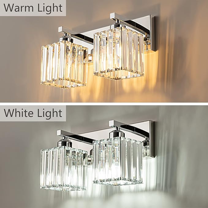 Modern Bathroom Vanity Light 2-Lights Chrome Crystal Bathroom Wall Light Vanity Light Fixtures，12.59-inch Modern Minimalist Design