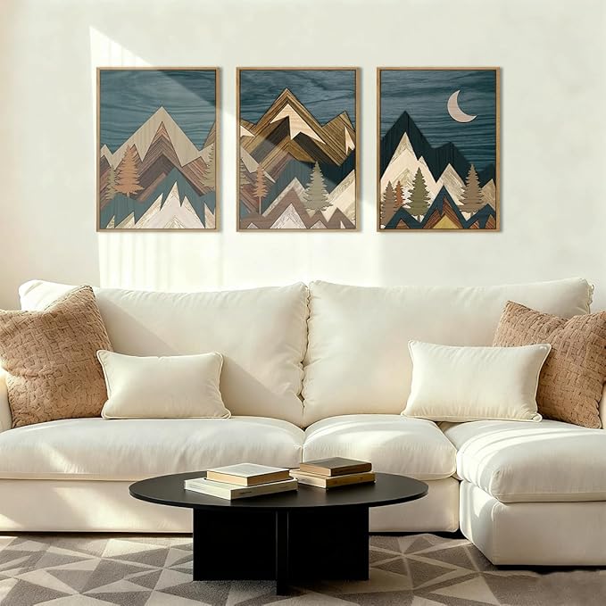 BINCUE Boho Mountain Wall Art Framed Landscape Wall Decor Modern Nature Artwork for Bedroom Living Room Office 12" Lx16 W Set of 3