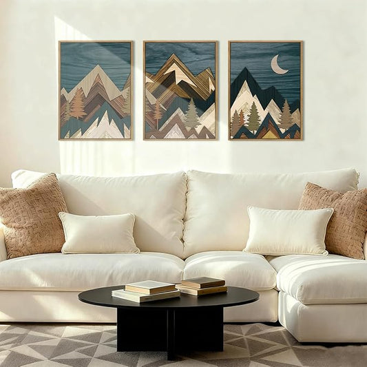BINCUE Boho Mountain Wall Art Framed Landscape Wall Decor Modern Nature Artwork for Bedroom Living Room Office 12" Lx16 W Set of 3