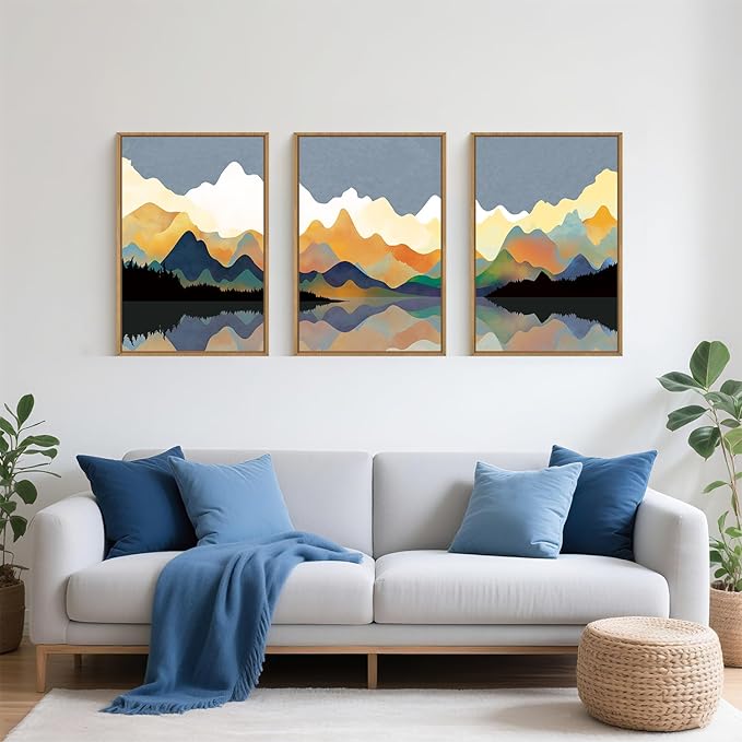 Large Abstract Mountain Lake Framed Canvas Wall Art,Watercolor Boho Forest Wall Decor,Colorful Ridge Landscape Artwork,Modern Wilderness Art Print for Living Room,Bedroom,Office- 16"x24"x3