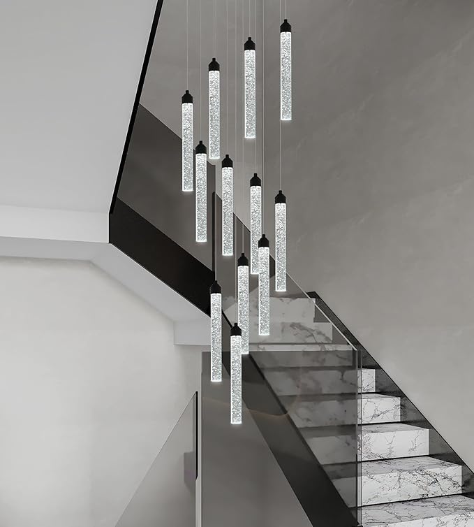 12-Lights High Ceiling Crystal Staircase Chandelier Black, Modern Spiral Raindrop Dimmable LED Bubble Cluster Ceiling Hanging Lighting Fixture for Foyer Living Room Entrance Remote Control