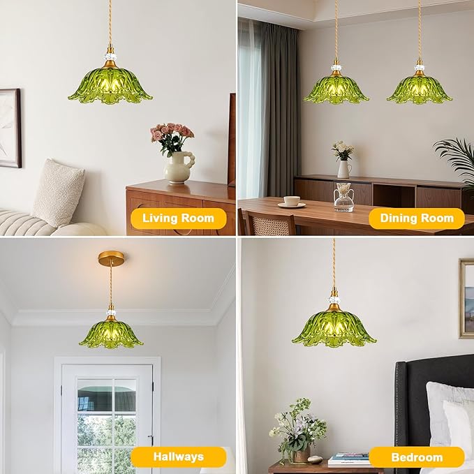 1 Piece Vintage Chandelier Light Fixtures with Green Glass Shade, Matte Antique Brass Finish Pendant Light Kitchen Island, Adjustable Hanging Light for Dining Room, Hallway, Living Room, Bedroom