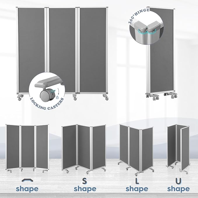 MAKELLO Portable Office Partitions 72" H x 71" W, Freestanding Office Dividers Partition Wall for Room, 3-Panel Trifold Privacy Panel, Aluminum Frame, Gray Felt