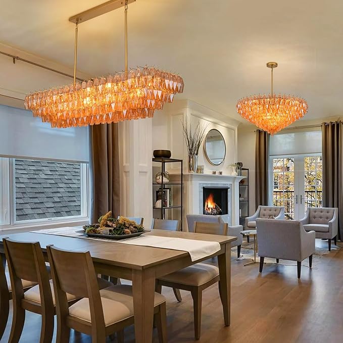 Modern Gold Rectangular Chandeliers for Dining Room, 14-Light 4 Tiered Crystal Brass Chandelier Over Dining Table, Amber Glass Chandeliers for Kitchen Island, Long Chandelier for Living Room