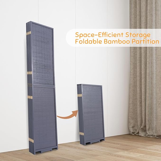 Bamboo Room Divider Folding Privacy Screens, Wall Divider for Room Separation, Portable Room Partitions and Dividers, 5.6FT Bamboo Mesh Woven Room Divider Panel (Grey, 6 Panel)