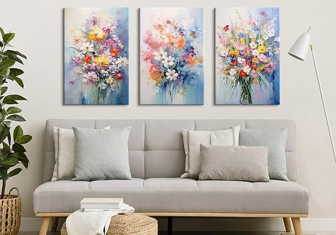 Colorful Flower Pictures Wall Decor Nature Wildflower Canvas Art for Bedroom Abstract Botanical Floral Oil Painting Prints Artwork Daisy Poppy Bouquet Poster Living Room Home Decorations 20x30” 3 Pcs