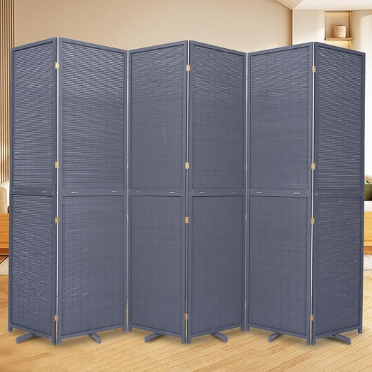 Bamboo Room Divider Folding Privacy Screens, Wall Divider for Room Separation, Portable Room Partitions and Dividers, 5.6FT Bamboo Mesh Woven Room Divider Panel (Grey, 6 Panel)