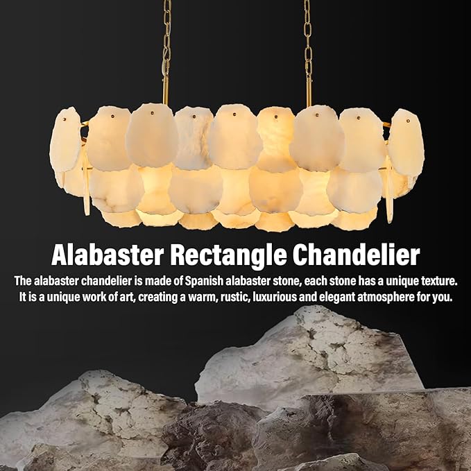 Alabaster Rectangle Chandelier for Dining Room, L39in Modern White Marble Chandeliers, Luxury Natural Spanish Brass Alabaster Chandelier Over Table for Kitchen Island Living Room Dining Table