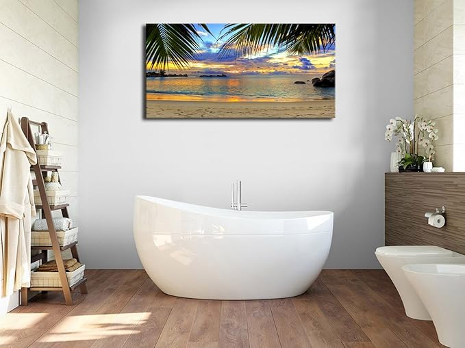 Ocean Beach Wall Art Living Room Wall Decor Large Size Tropical Palm Tree Leaves Beach Sunset Seascape Canvas Artwork Contemporary Ocean Nature Picture for Bedroom Living Room Bathroom Home Office Kitchen Wall Decor 24" x 48"