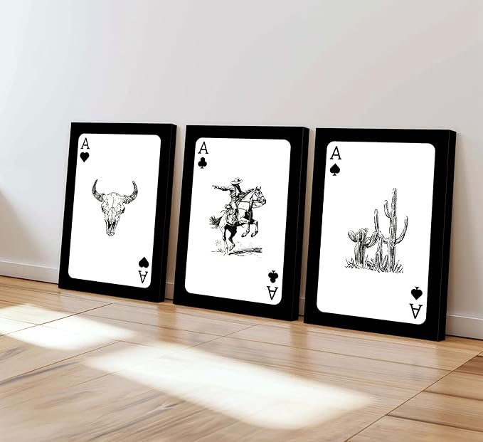 3Pcs Western Cowboy Canvas Wall Art Rustic Southwestern Style Poster Funny Creative Poker Ace Print Retro Western Aesthetic Image Cowboy Horse Bull Skull Cactus Painting for Bedroom Living Room Bathroom 16x24in Framed