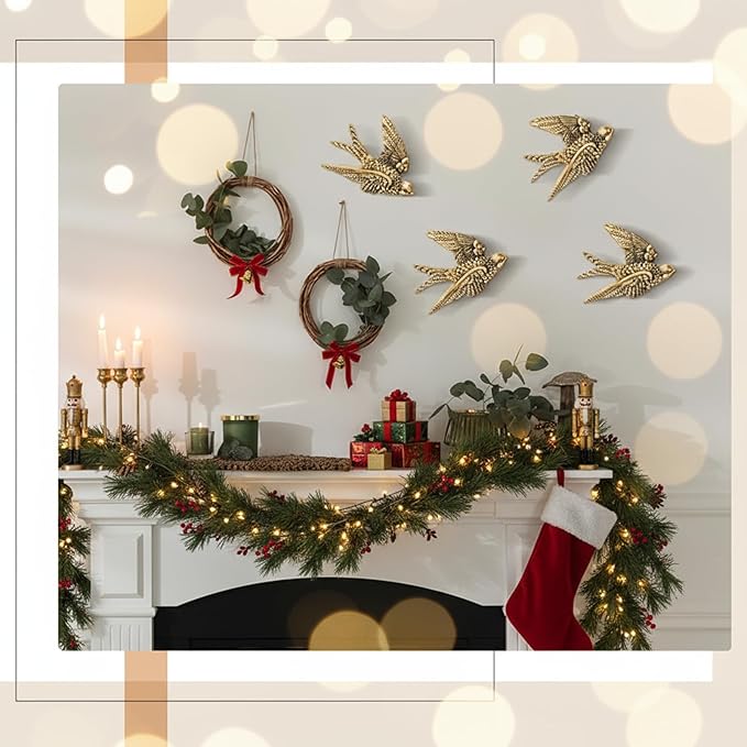 4 Pcs Vintage Bird Wall Sculpture Decor Art 4.7 Inch Antique 3D Sculpted Hanging Bird Resin Wall Art Golden Brass Rustic Floating Ornament for Living Room Garden Indoor Outdoor, Gift for Christmas